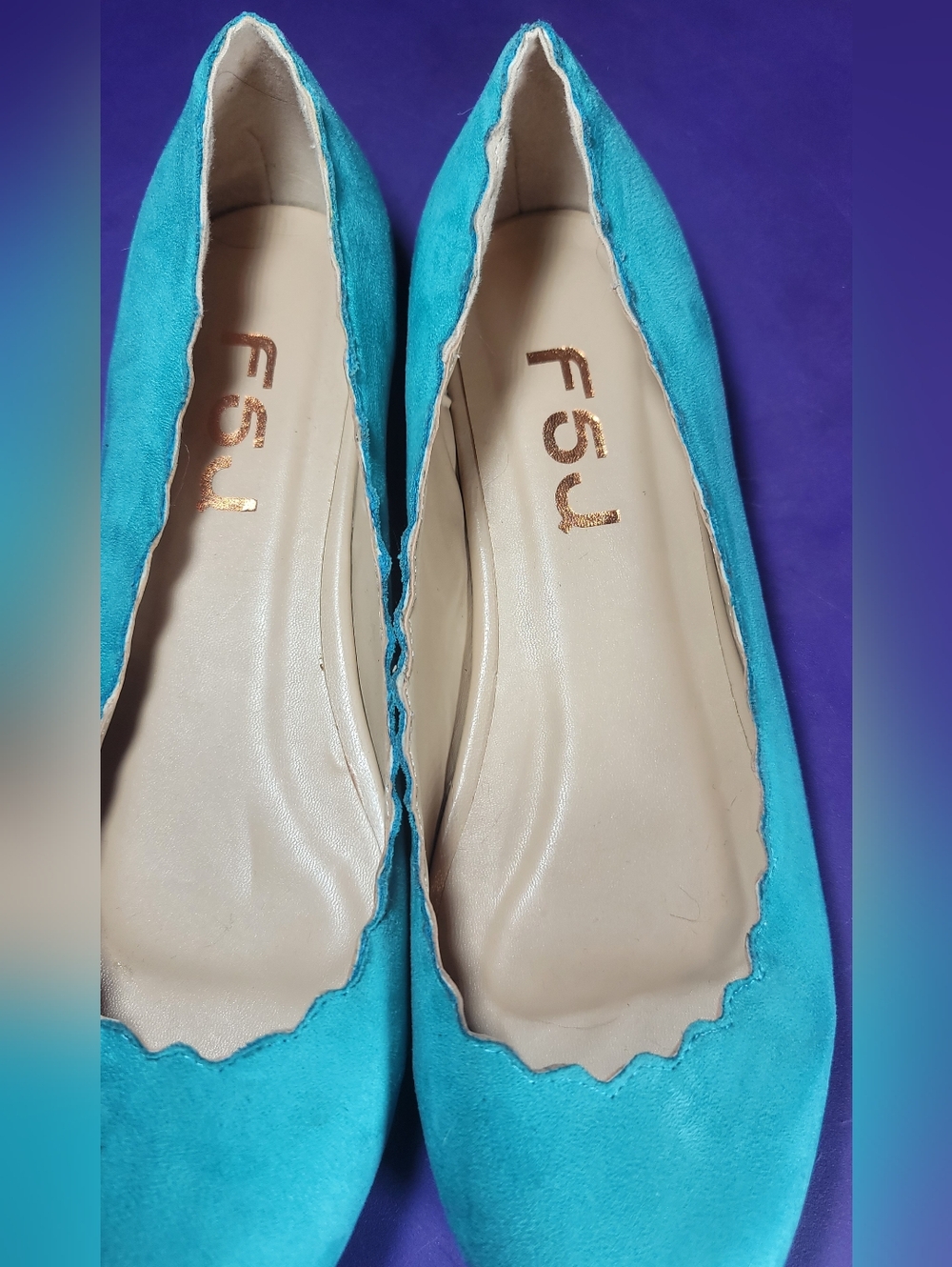 FSJ Turquoise Scalloped Suede Pointed-Toe Ballet Flat - Picture 5 of 5